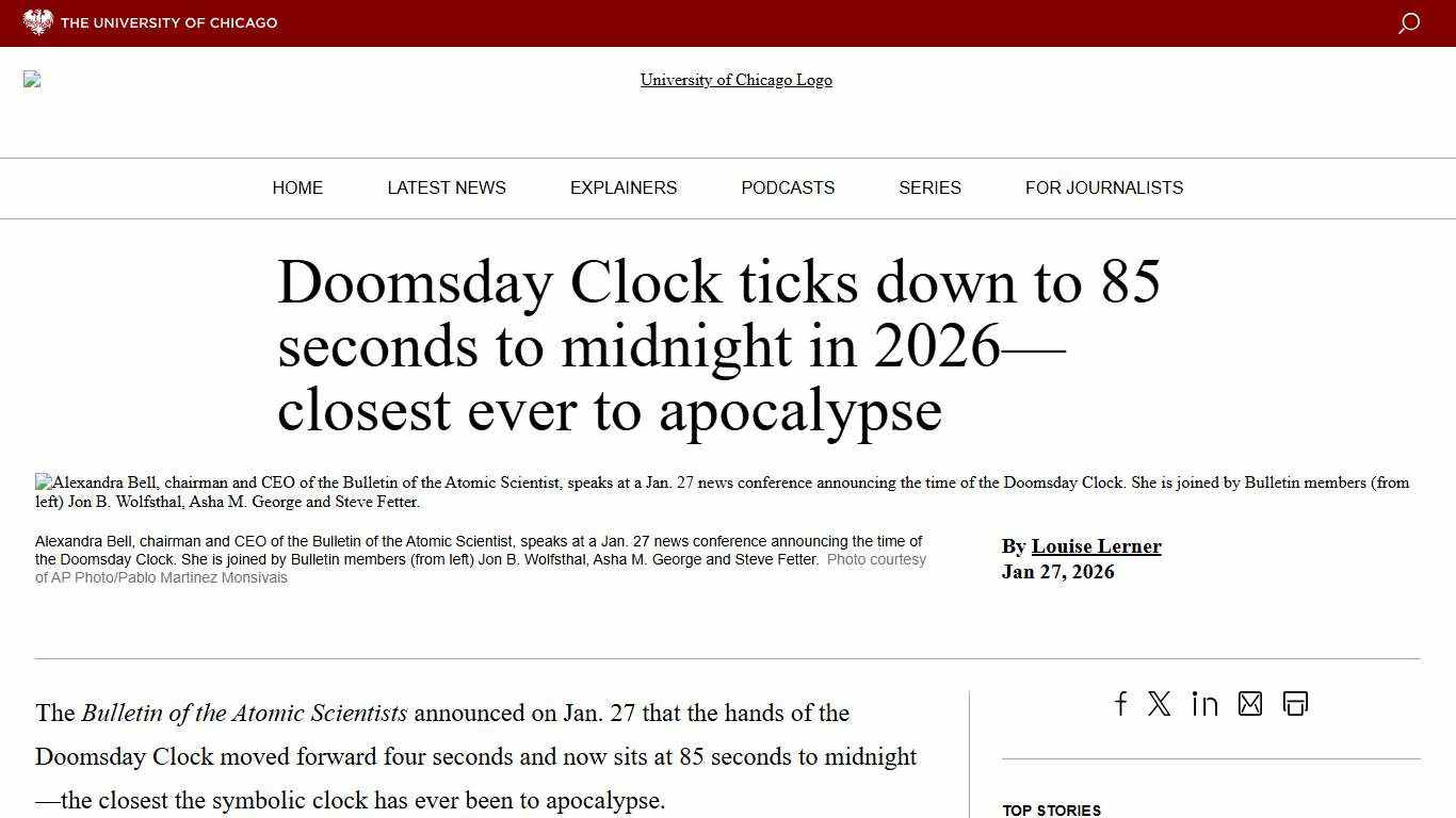 Doomsday Clock ticks down to 85 seconds to midnight in 2026—closest ever to apocalypse University of Chicago News