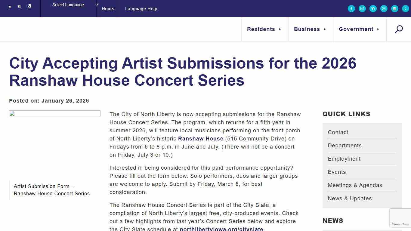 City Accepting Artist Submissions for the 2026 Ranshaw House Concert Series City of North Liberty