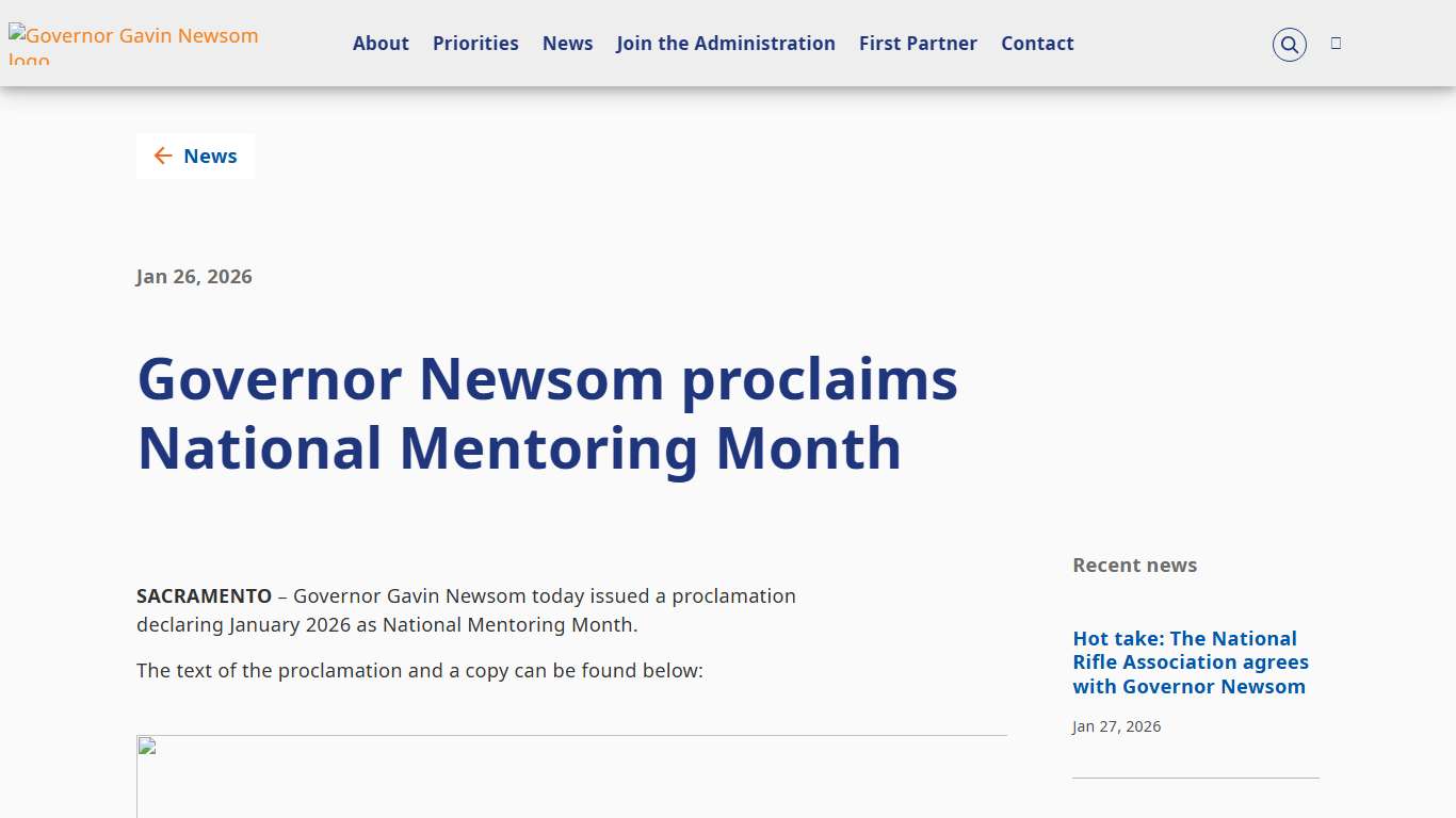 Governor Newsom proclaims National Mentoring Month Governor of California